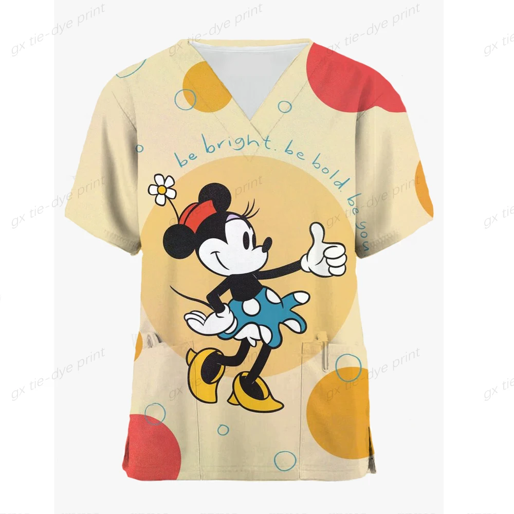 Disney Mickey Print Hospital Nurse Uniform Women Summer V-neck Pocket Top Veterinary Pharmacist Beauty Salon Spa 2023