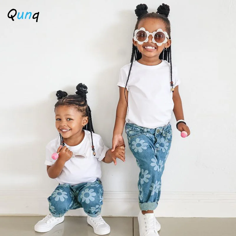 Джинсовые шаровары Qunq для девочек модная повседневная одежда улицы с цветочным