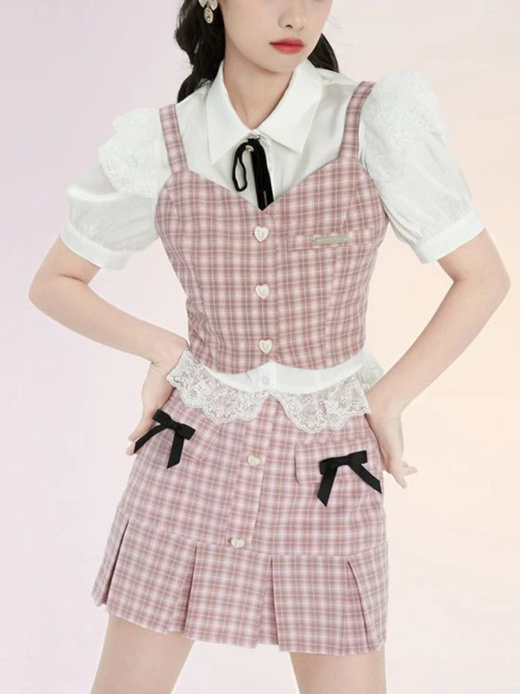 

Женский комплект из 3 предметов, розовый клетчатый костюм в стиле преппи, французская Милая Мини-юбка с кружевом и бантом, Женский приталенный костюм с юбкой в японском стиле, лето 2023