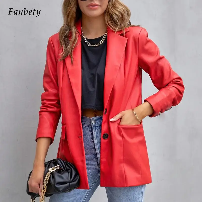 

Fashion Turn-down Collar Leather Blazer Fall Casual Long Sleeve Pocket Outerwear Winter Women Elegant Botton Solid Loose Jackets