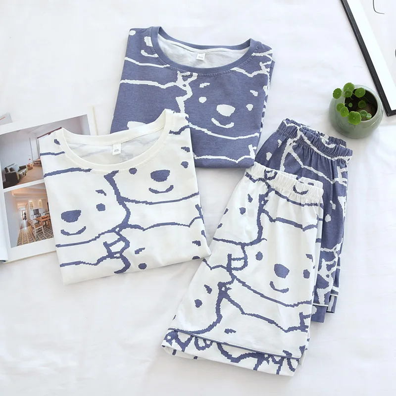 Pajamas for Women Summer Short Sleeve Shorts Suit Cotton Thin Brief Strokes Bear Crew Neck  Nightwear Simple Leisure Home Sleep