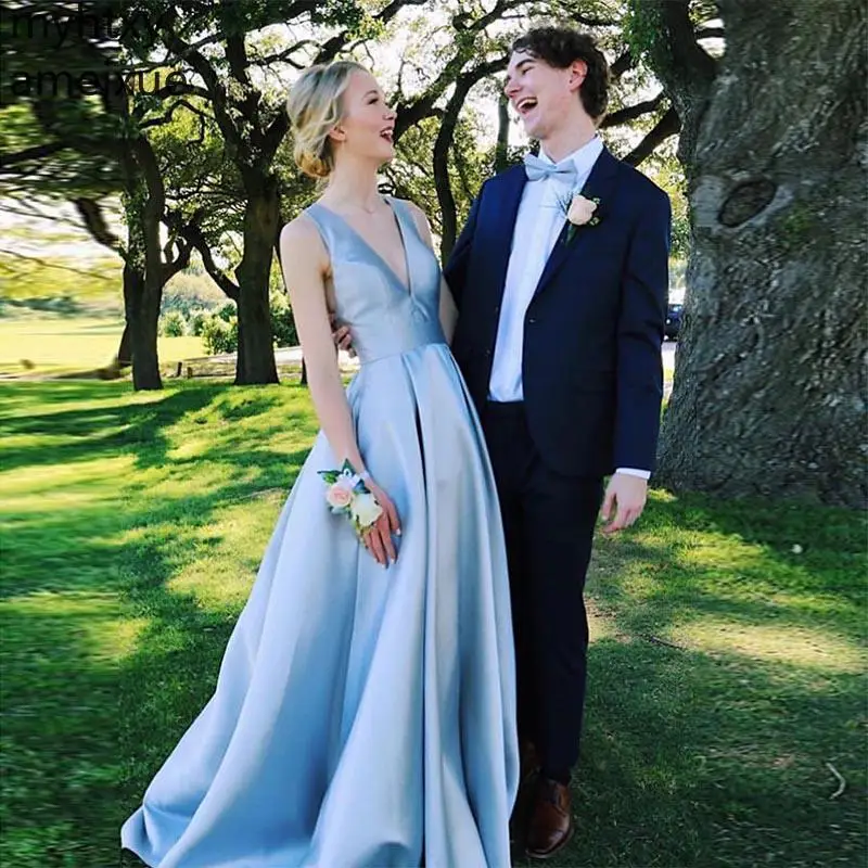 

Light Sky Blue Prom Dress V-neck Sleeveless Draped Bowknot Back Formal Party Gowns Long Vestido De Formatura 2022 Dress Elegant