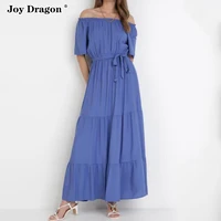 dress for women off shoulder long maxi ruffle solid color sllim fit casual beach party lace up short sleeve ladies 2022 clothes