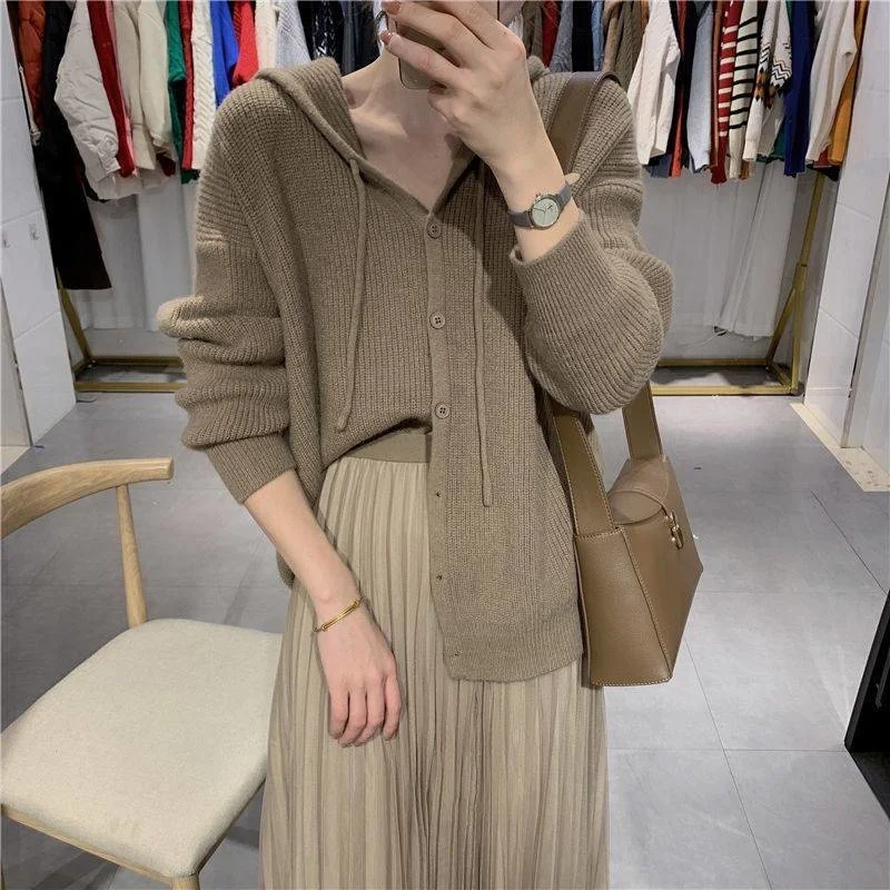 

Women's Korean version hooded casual single breasted sweater coat women's new pure color loose and versatile thickened knitted