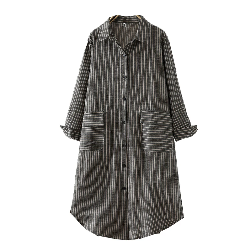 Хлопково-льняное полосатое платье-рубашка женское в корейском стиле элегантная