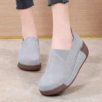 women sports shoes women flat shoes genuine leather solid color round shape increase breathable thick bottom anti slip shoes
