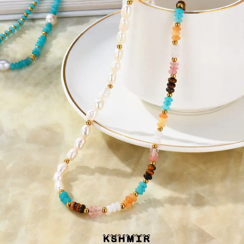 

New natural stone pearl color beaded necklace European and American retro fashion exquisite design of female clavicle chain