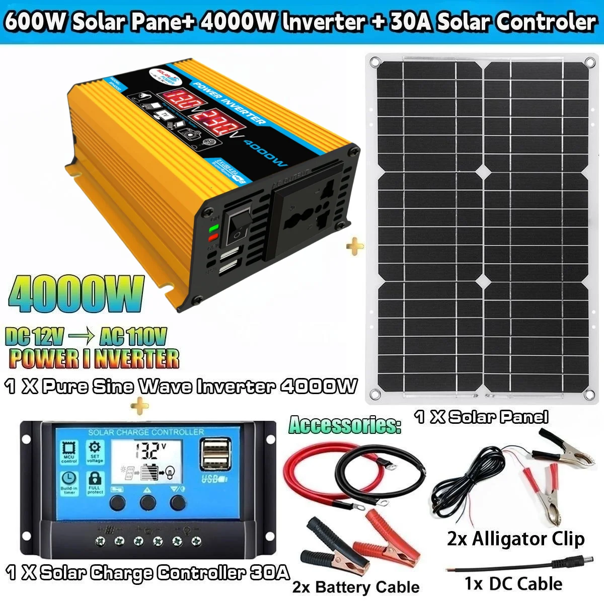 12V to 110V/220V Solar Panel System 12V Solar Panel Battery Charge Controller 4000W Solar Inverter Kit Complete Power Generation