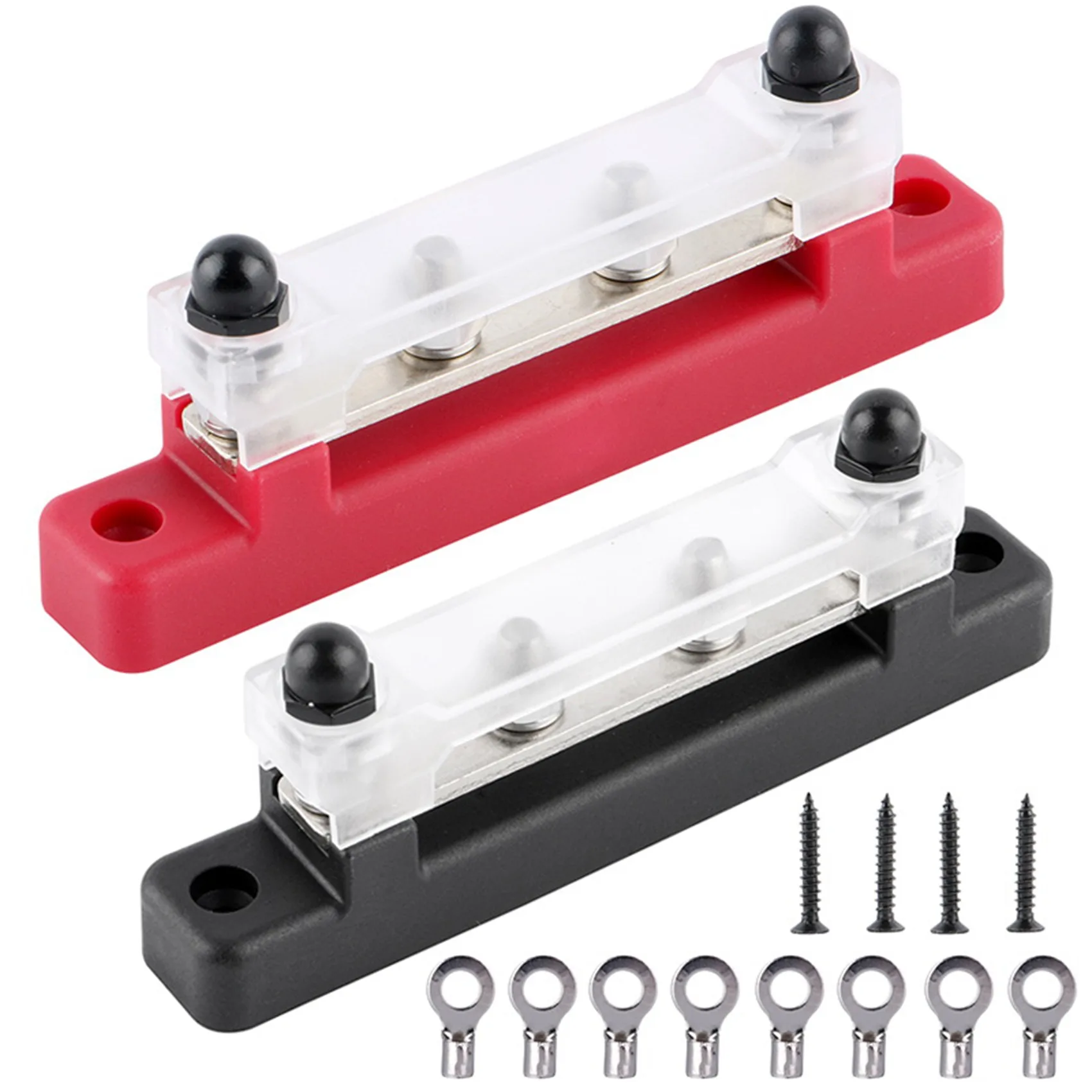 

2-Piece Set/4-Way Straight Busbar AC and DC High Current with Transparent Top Cover for Car, Marine, Caravan, RV