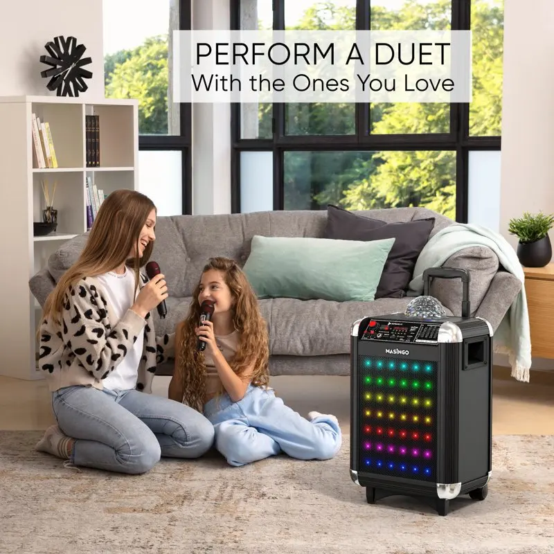 

Super Stylish & Portable Singing PA System for Adults & Seniors with 2 UHF Wireless Microphones, Bluetooth Mics, Party Lights, L