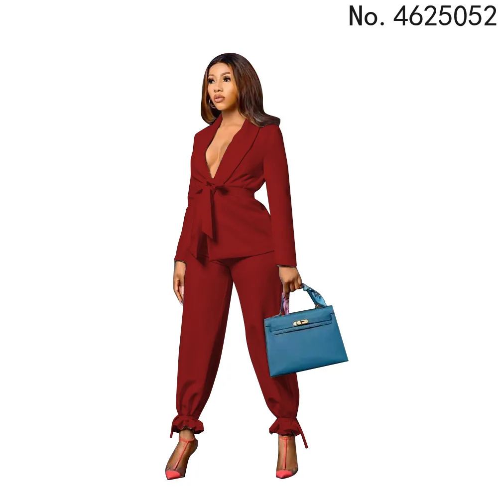 

Office Lady Autumn Outfits Blazer Sets Turn Down Neck Full Sleeves Lace Up Tops Fashion Ruffles Cuff Causal Pants Outfits