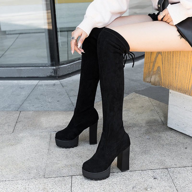 

2022 Winter Sexy Knee Boots Tight Stovepipe Knight Boots Suede Round Toe Combat Boots for Women Trend Velvet Warm Women's Boots