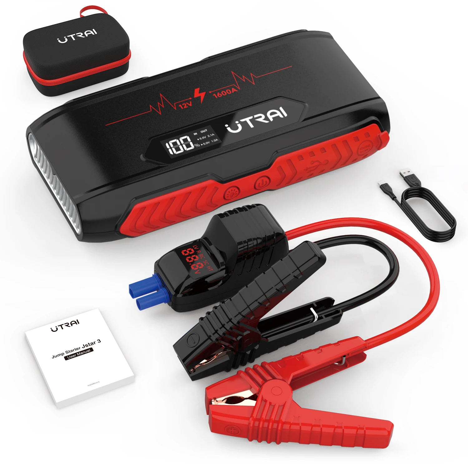 

UTRAI Car Starting Device Emergency Vehicle Tool 12V Battery Booster 1600A with LED Smart Clamps Powerful Car Jump Starter