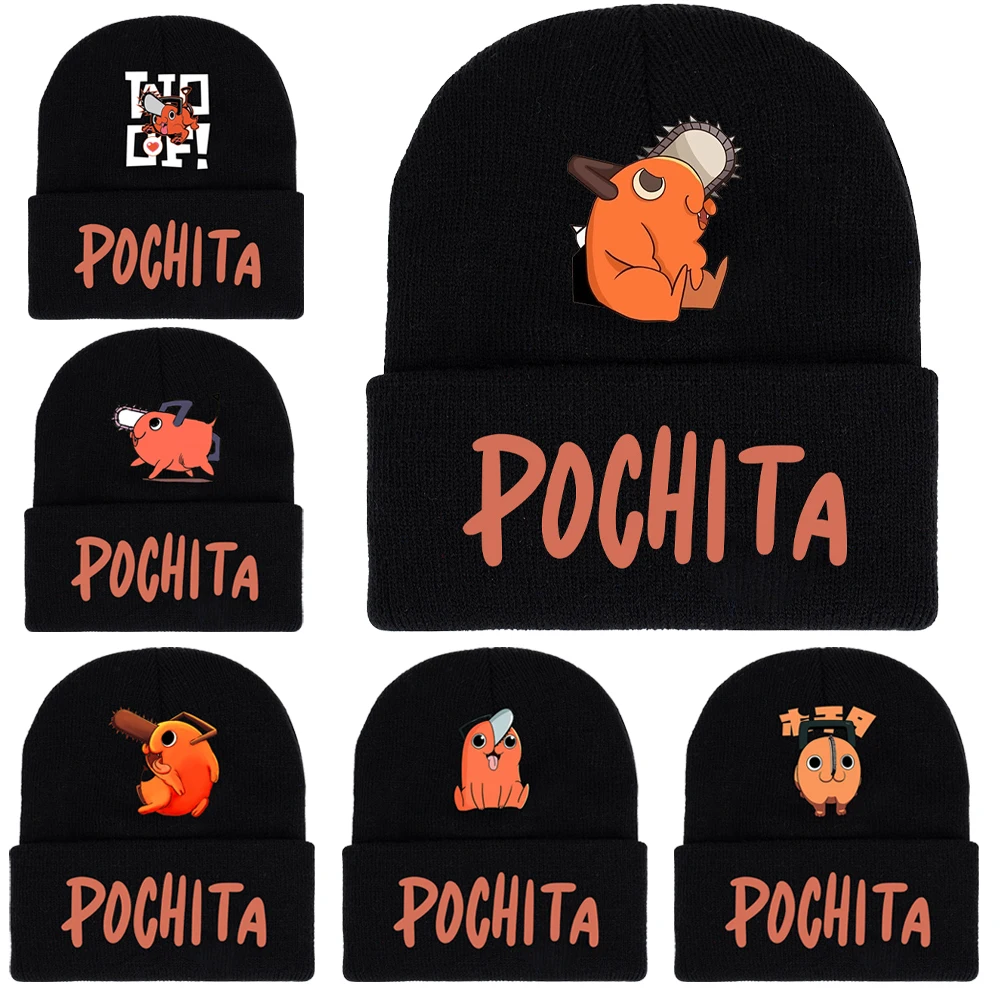 

Chainsaw Man Anime Knitted Hat Embroidery Black Autumn Winter Keep Warm Cotton Cap Unisex Cartoon Printing Melon Hats Xmas Gift