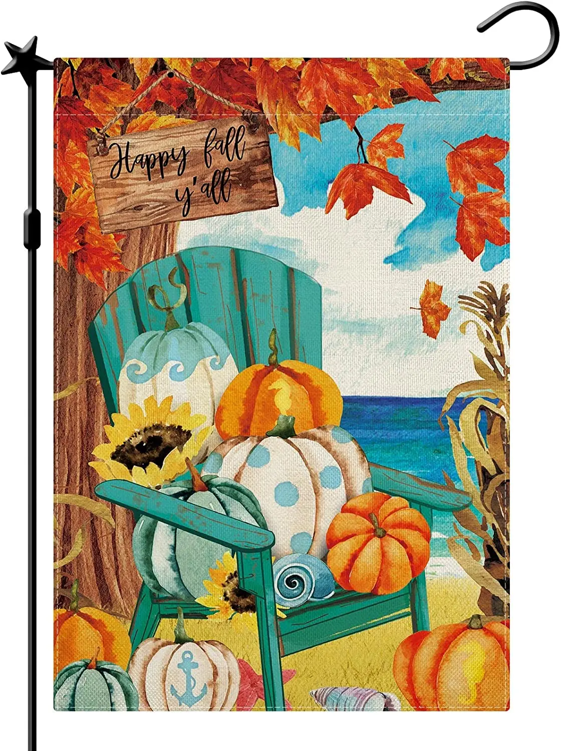

Fall Ocean Beach Garden Flag Ocean Beach Pumpkin Yard Flag Thanksgiving Garden Flag for Garden Double Sided Burlap Autumn Ocean