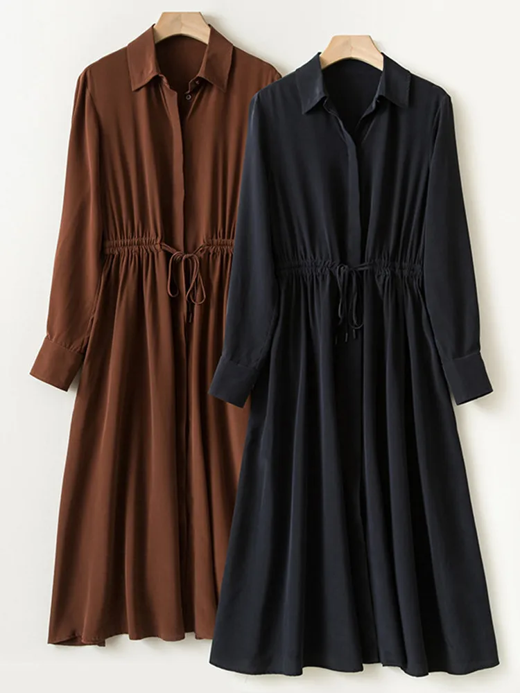 Women's Turn-down Collar Dress Drawstring 100% Silk Long Sleeve Covered Buttons Female Lace-up Midi Robes