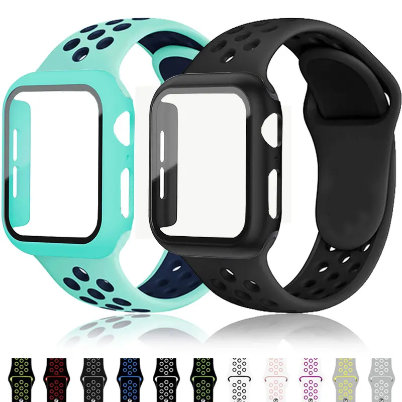 

Glass+Case+Strap For Apple Watch band 44mm 40mm 38mm 42mm 45 mm Silicone smartwatch watchband sport bracelet iWatch 3 4 5 6 SE 7