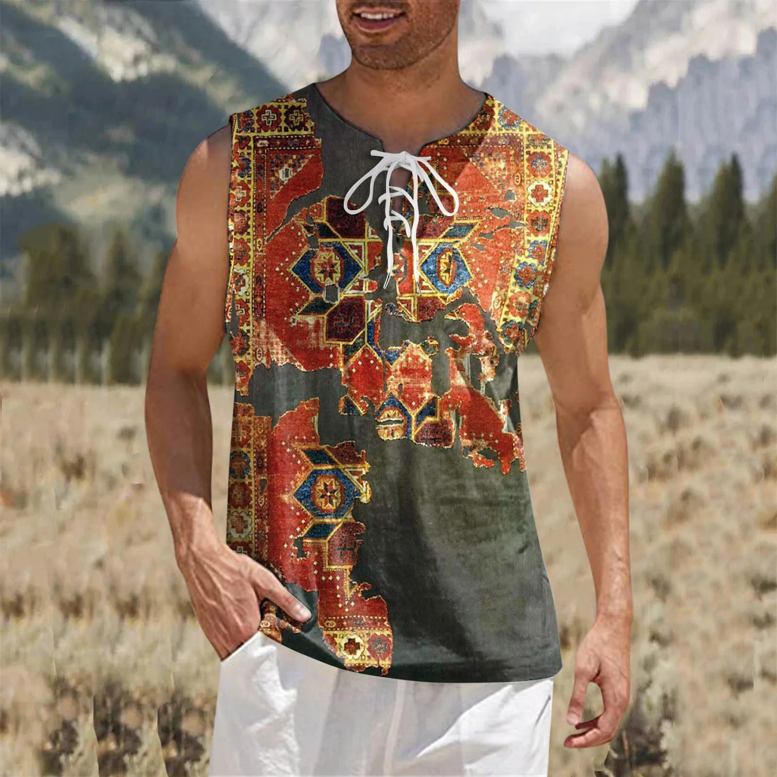 

Мужская футболка без рукавов, с V-образным вырезом и шнуровкой