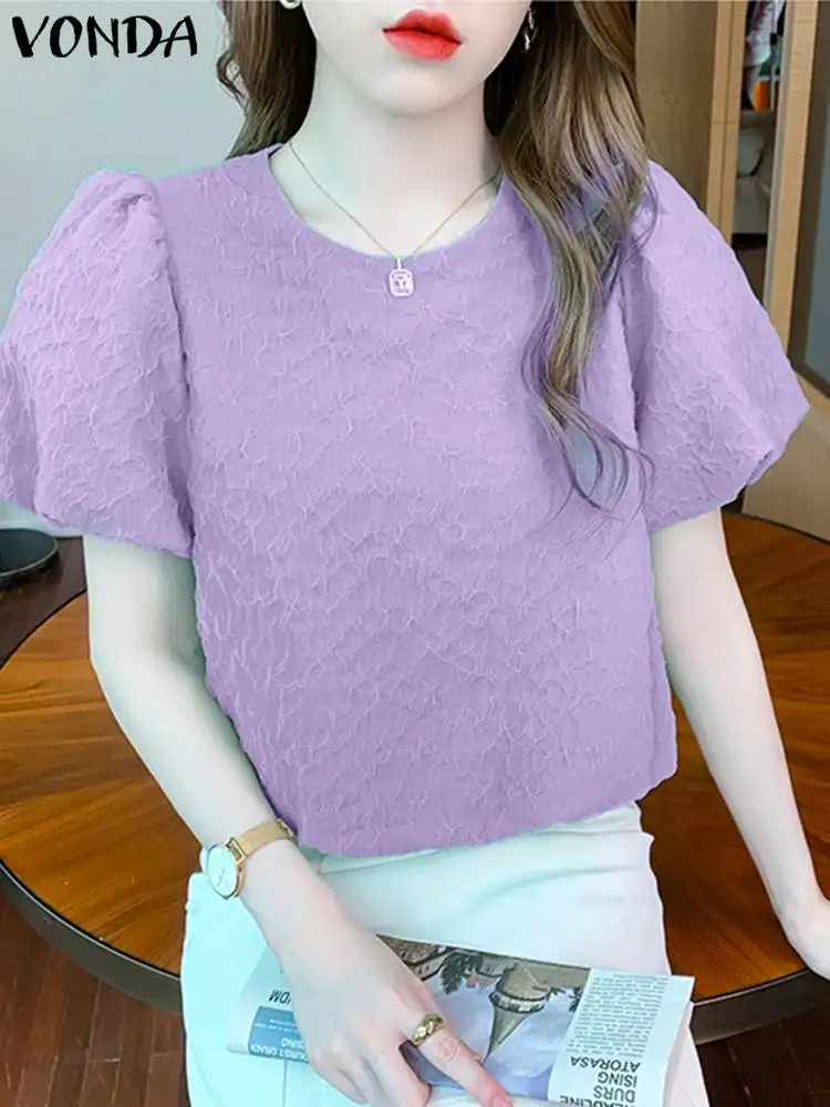 

VONDA 2022 Y2K женская летняя повседневная офисная блуза большого размера, однотонная уличная рубашка с коротким рукавом-фонариком, Женская Вече...