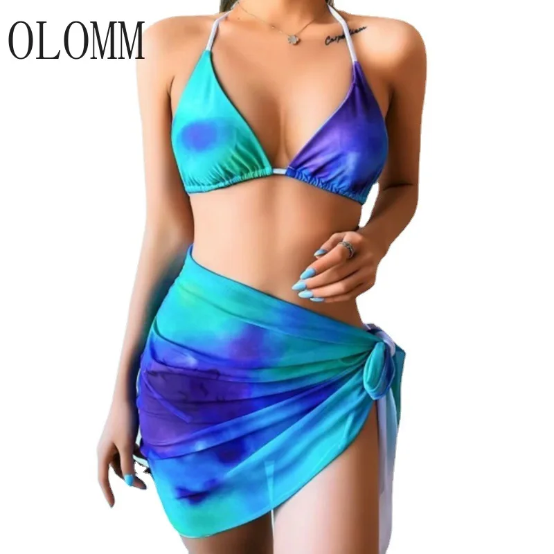 

2022 New Bandage Split Swimsuit Mesh Skirt Three-piece Printed Sexy Bikini Suit Swimsuit Women's Beachwear Seaside Clothing XXL