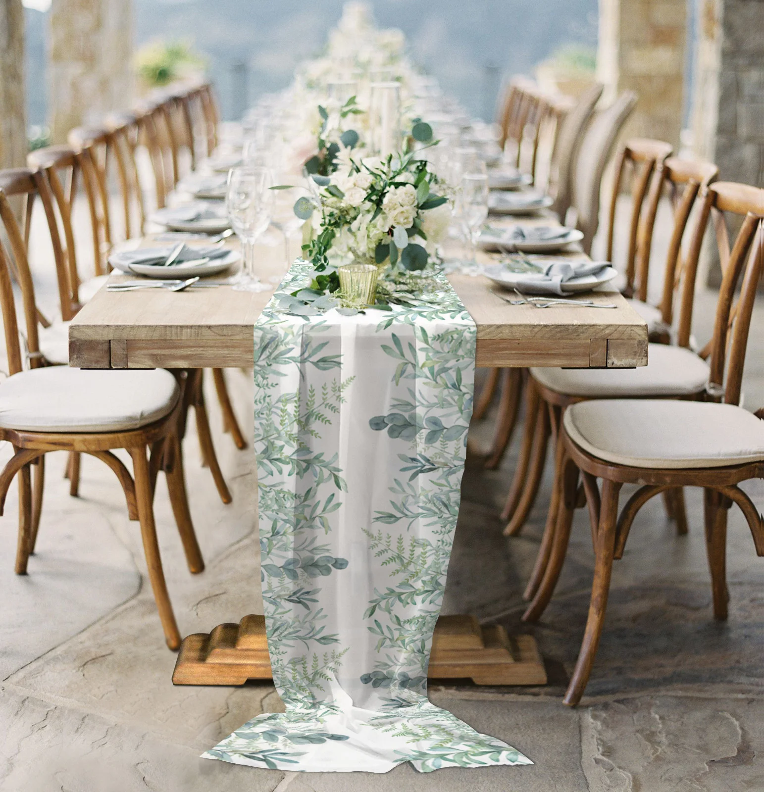 

Watercolor Green Leaves Plant Long Chiffon Voile Table Runner Printed Tablecloth for Wedding Coffee Table Sheer Table Runner