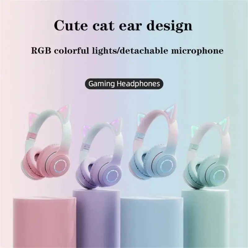 

Long Duration Earbuds Flash Light With Mic Cat Ears Headset Stereo Music Helmet New Wireless Headphone Foldable