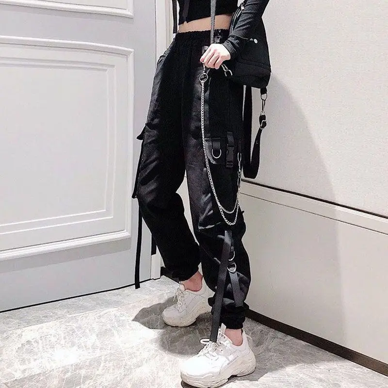 Women's Cargo Pants Buckle Ribbon Pocket Jogger Elastic Waist High Hip Hop Streetwear Harajuku Pant Chain Females Trousers