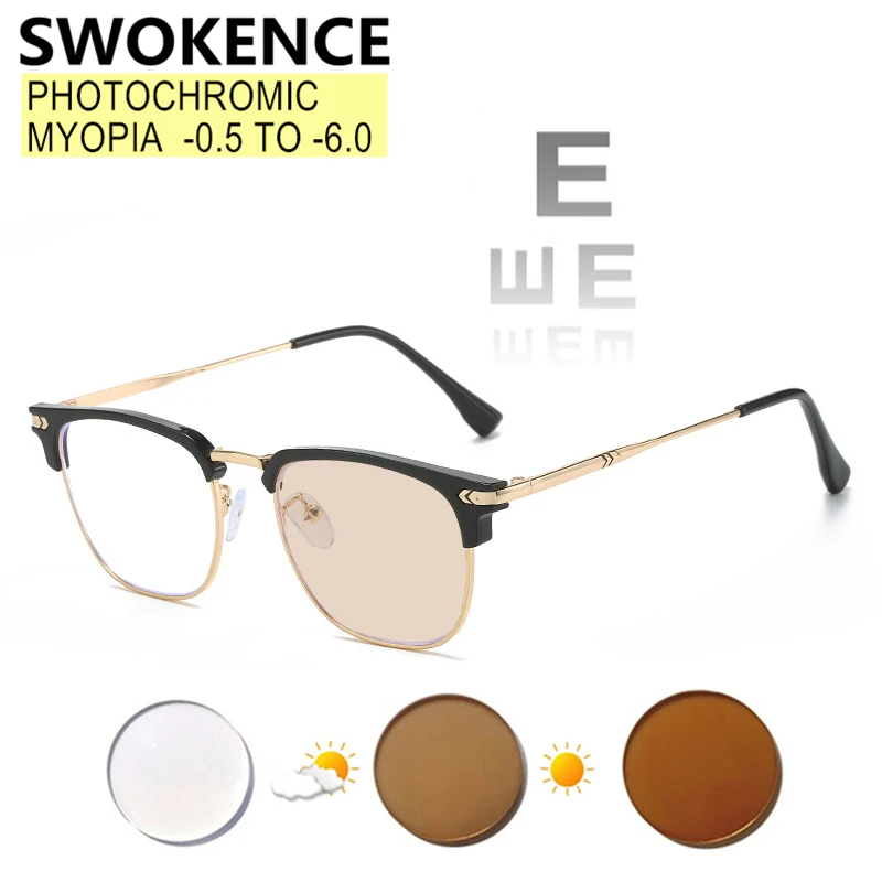 

SWOKENCE Myopia Glasses -0.5 to -10 Women Men Photochromic Or Blue Light Blocking Spectacles For Nearsighted Or Astigmatism F585