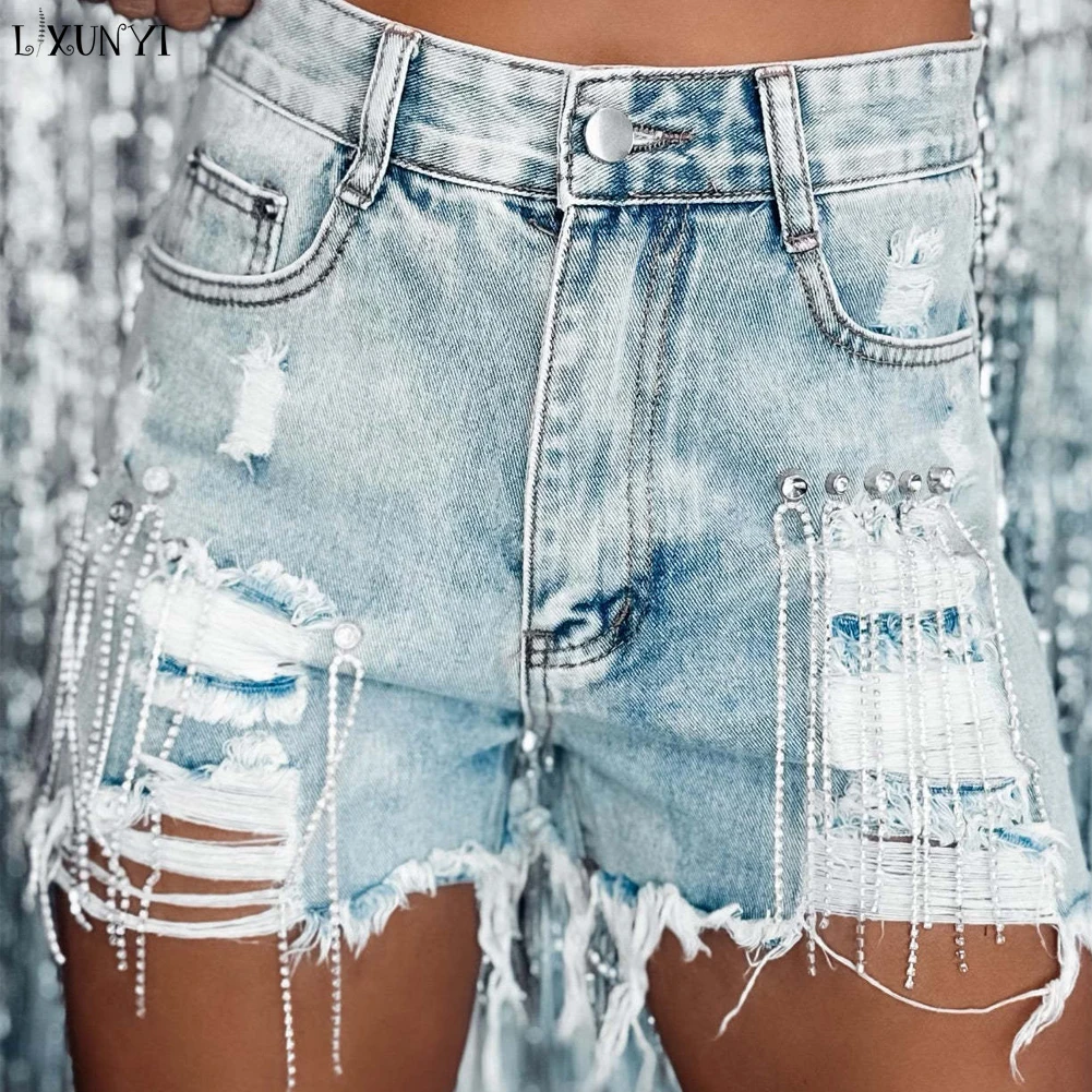Women Summer Straight Denim Shorts with Diamond 2023 Beading Tassel Solid Fashion Streetwear Runway Short Jeans Female Blue