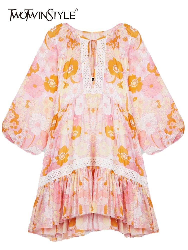 

TWOTWINSTYLE Streetwear Loose Dress For Women Round Neck Lantern Sleeve Print Colorblock Irregular Hem Mini Dresses Female Style