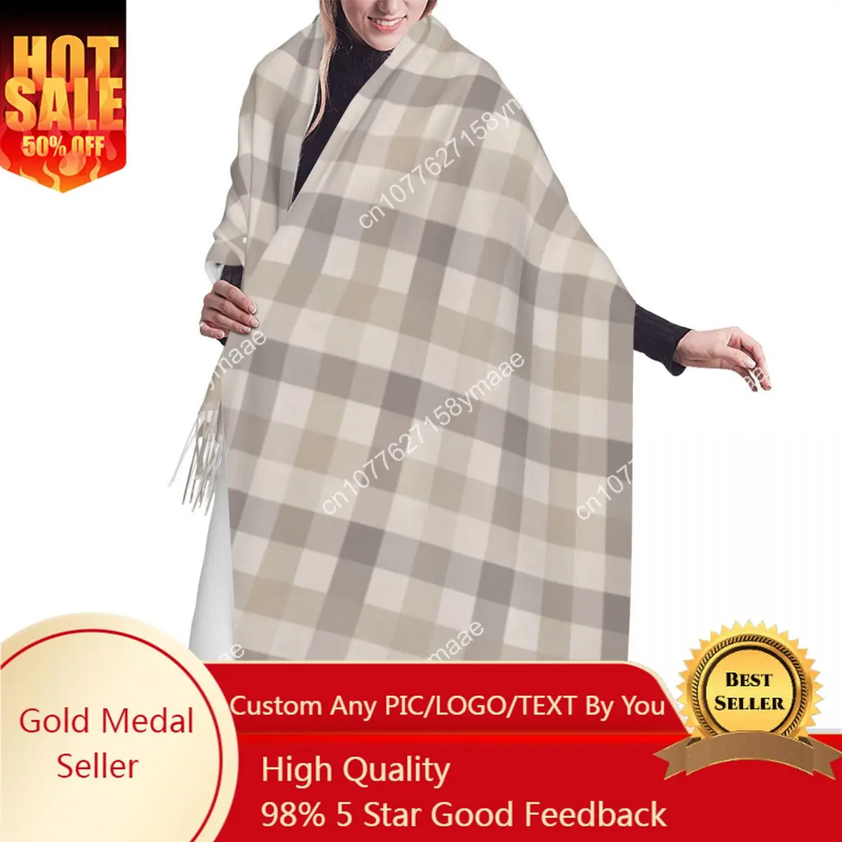 

French Toile De Jouy Checkered Colorful Khaki Grey White Scarf Wrap for Women Winter Warm Tassel Shawl Traditional Art Scarves