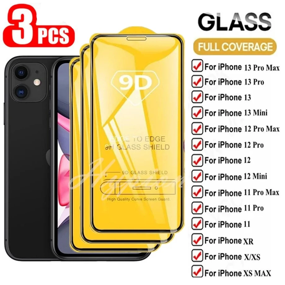 

9D 3pcs Full Protection Glass For Apple iPhone 13 12 11 Pro Max Screen Protector For iphone X XS MAX XR 7 8 6 6S Plus SE Glass