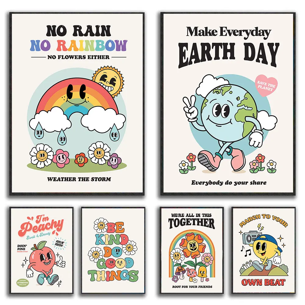 

No Rain No Rainbow Wall Canvas Painting Retro Earth Day Posters And Prints Cartoon Character Picture For Living Room Decoration