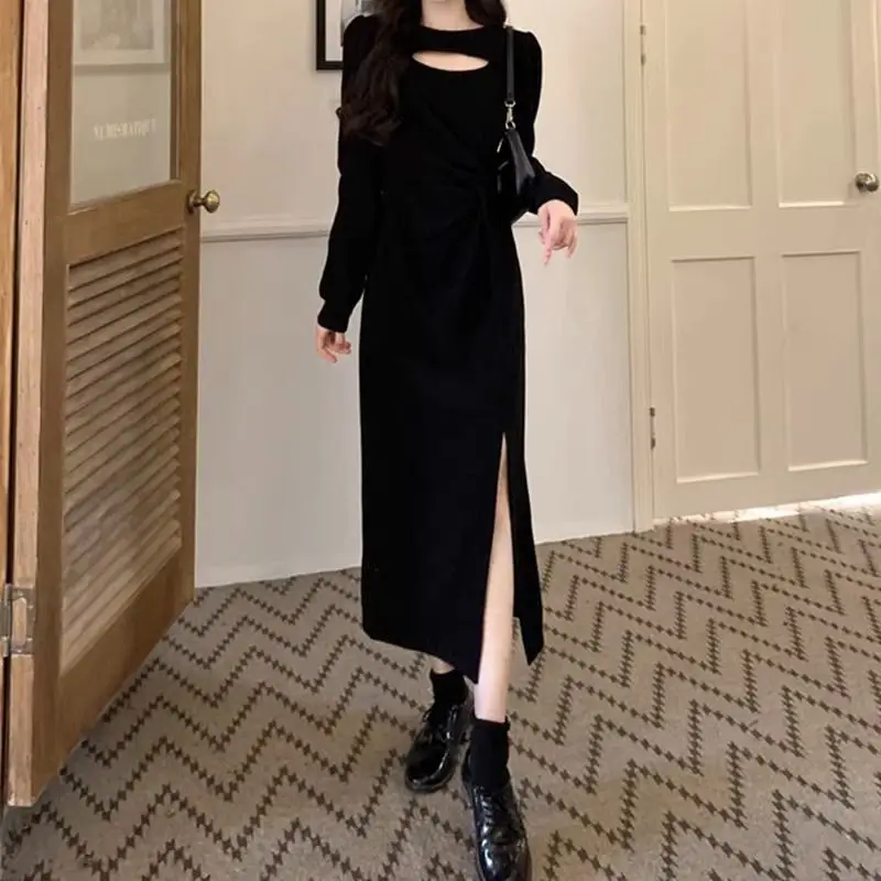 Осенне-зимние платья с вырезами женская одежда на талии модное однотонное