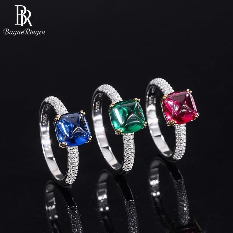 

Bague Ringen 925 Sterling Silver 3 Colors Gemstone Rings 8*8mm Emerald Ruby Sapphire Gemstone Wedding Anniversary Female Gifts