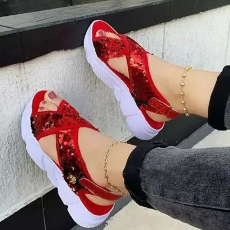 

2022 Summer New Women's Thick-soled Sequin Sports Sandals Women's Outdoor Fashion Casual Beach Sandals Women's Tide
