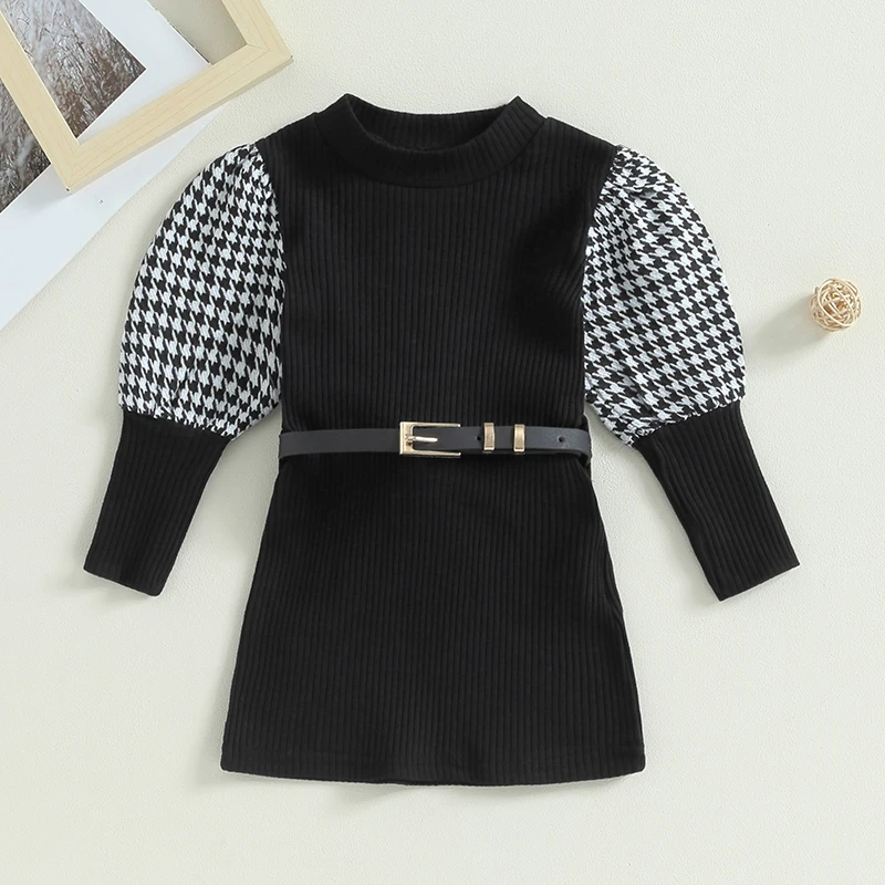 

Listenwind 6M-4Y Toddler Baby Girls Fall Dress Houndstooth Print Long Puff Sleeve Ribbed Dress with Belt Casual Outfit