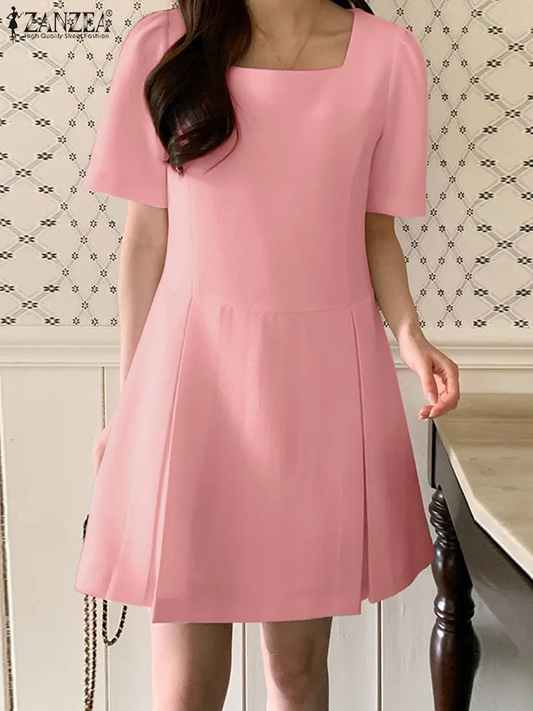 

2023 ZANZEA Summer Fashion Solid Dress Woman Short Sleeve Square Collar Sundress Female Elegant Loose Party Knee Length Robe