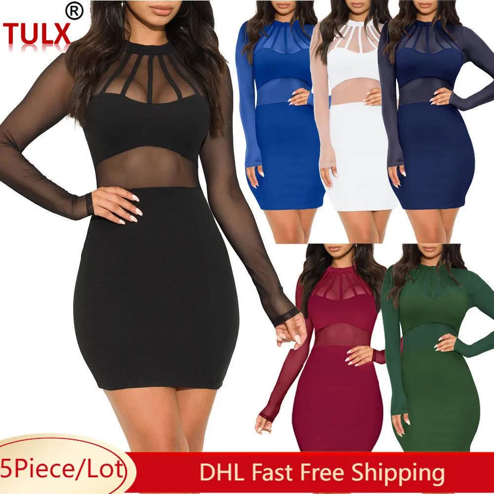 

5 шт., женское прозрачное облегающее платье с длинным рукавом