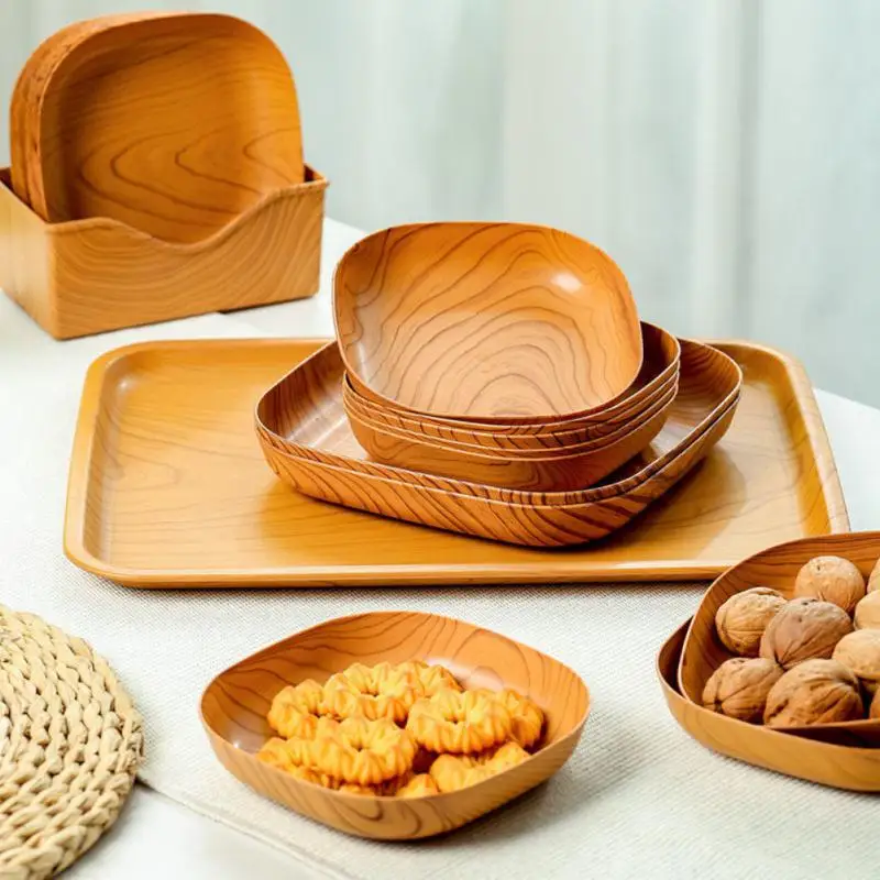 

Fruit Bow Plates Wood Grain Plastic Square Plate Afternoon-tea Cake Snack Plates Table Dish Kitchen Storage Container Tableware