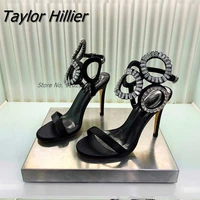summer solid color crystal toe high heels novel design rhinestone stiletto sandals black simple fashion catwalk sandals women