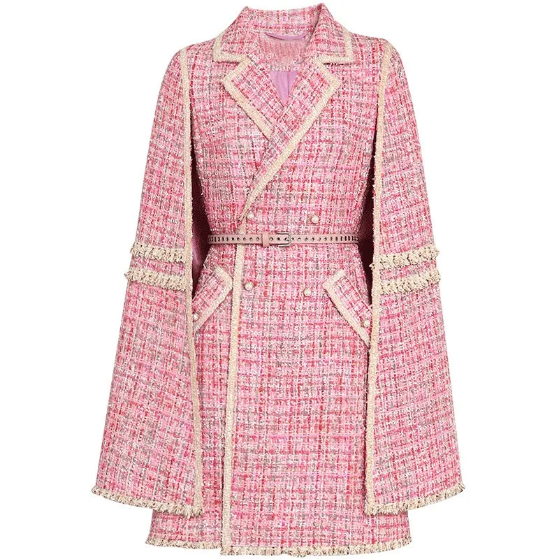 

Small Fragrance Winter Tweed Cloak Woolen Coat Women Pink Double Breasted Slim Wool Blend Overcoat