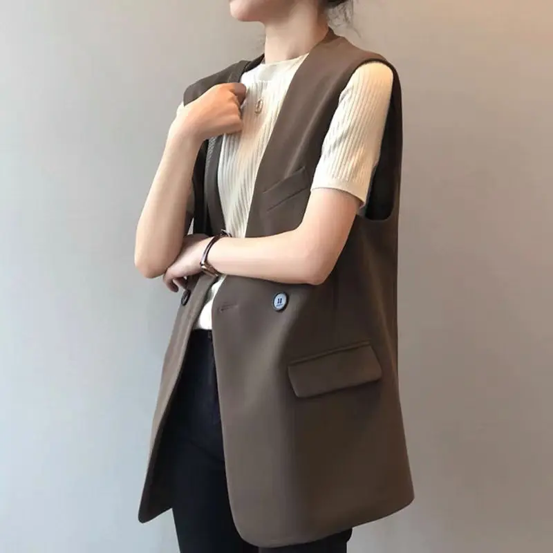 

New 2023 Women Simply Solid Color Sleeveless Vest Jacket Office Ladies Wear Casual Slim Suit WaistCoat Pocket Outwear Tops G66