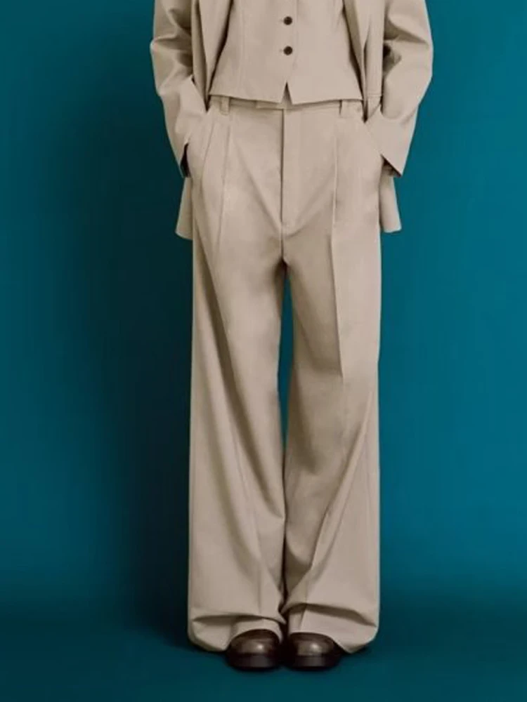 

Женские Плиссированные прямые брюки, повседневные однотонные брюки на молнии, с карманами, элегантные уличные офисные брюки, осень 2023