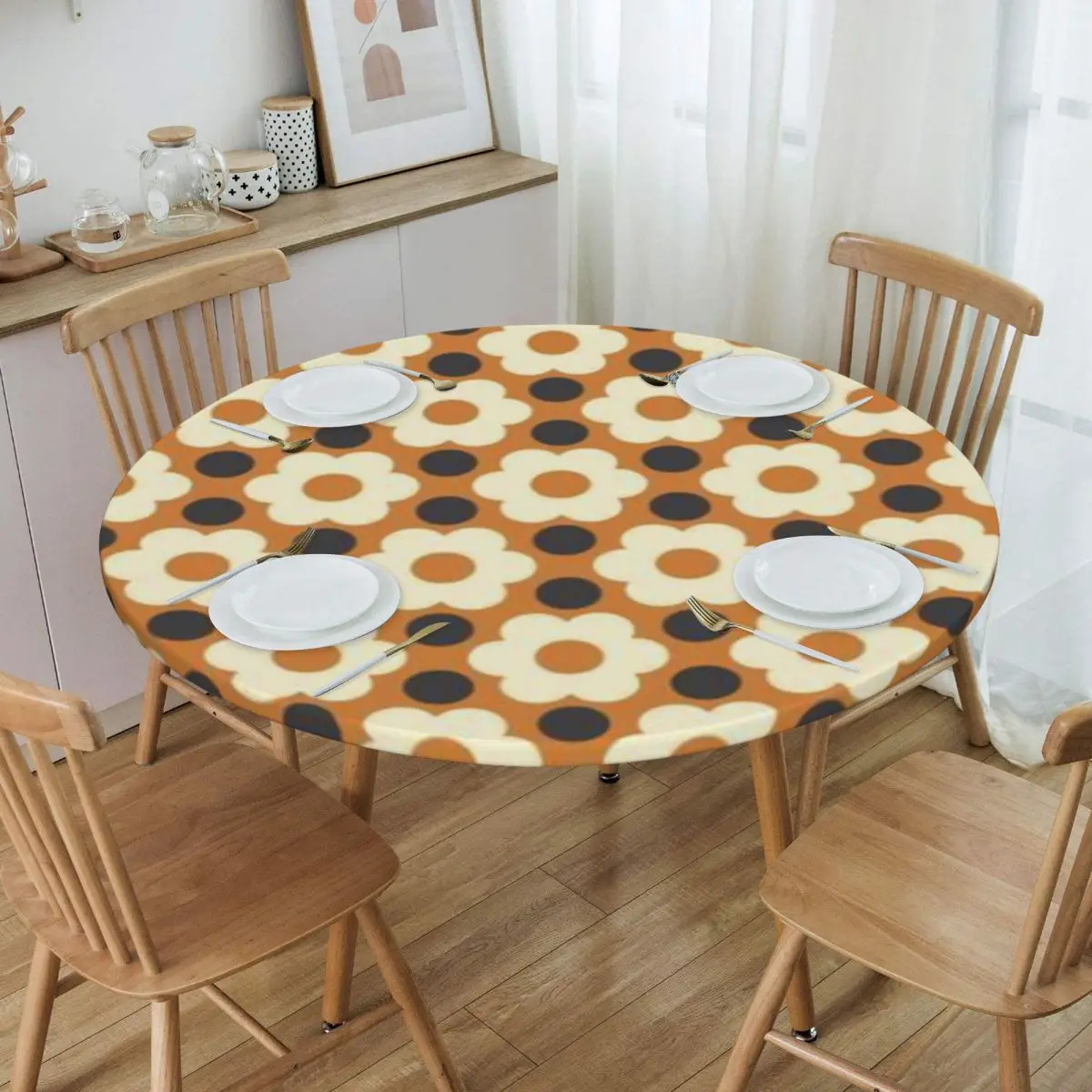 

Round Round Table Cloth Tablecloth Fit 45"-50" Elastic Edge Table Cloth Retro Geometric Scandi Table Covers