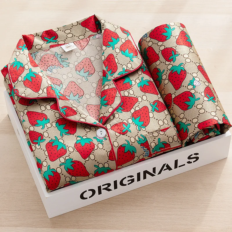 Stain Silk Pajamas Two Piece Set for Women Print Loungewear Lapel Long Sleeve Single-breasted Cardigan Trousers Women Nightwear