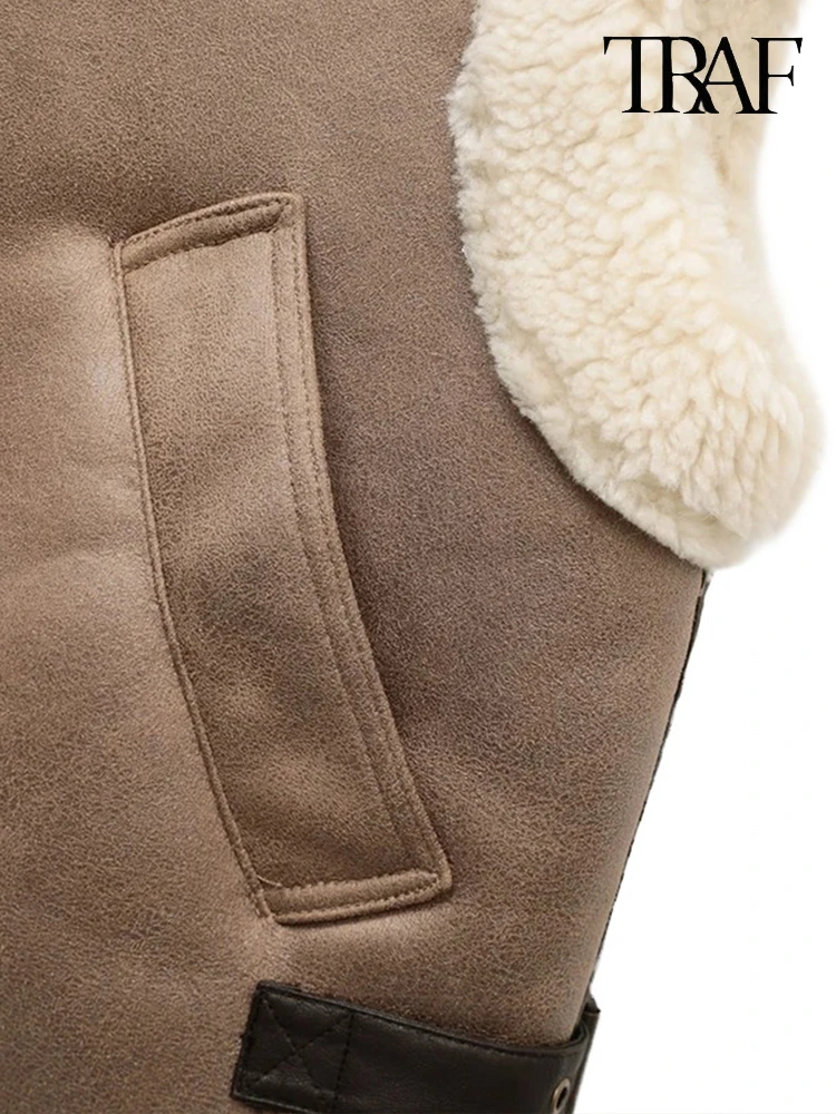 TRAF Женский Теплый Коричневый Утепленный Жилет Без Рукавов Из Искусственного