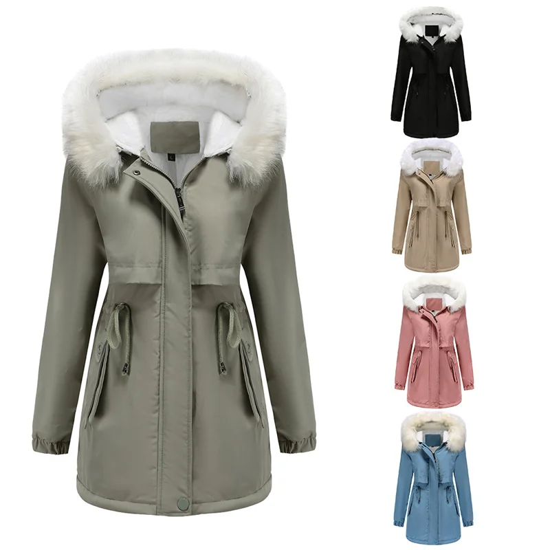 Women 2023 Winter Plus Fleece Cotton Suit Women's Hoodie Removable Fur Collar Long Sleeve Pie to Overcome Solid Color Commuting