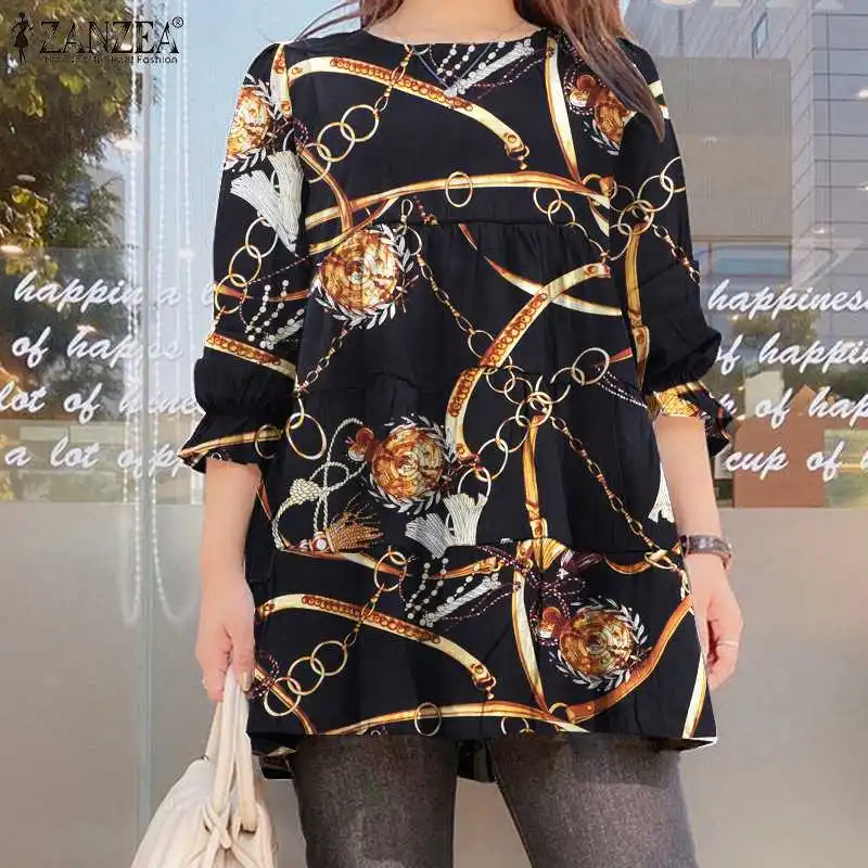 

Women Spring Autumn Ruffle Tops Fashion Long Sleeve Blouse Female OL Casual Baggy Shirt Oversized ZANZEA Vintage Printed Blusas