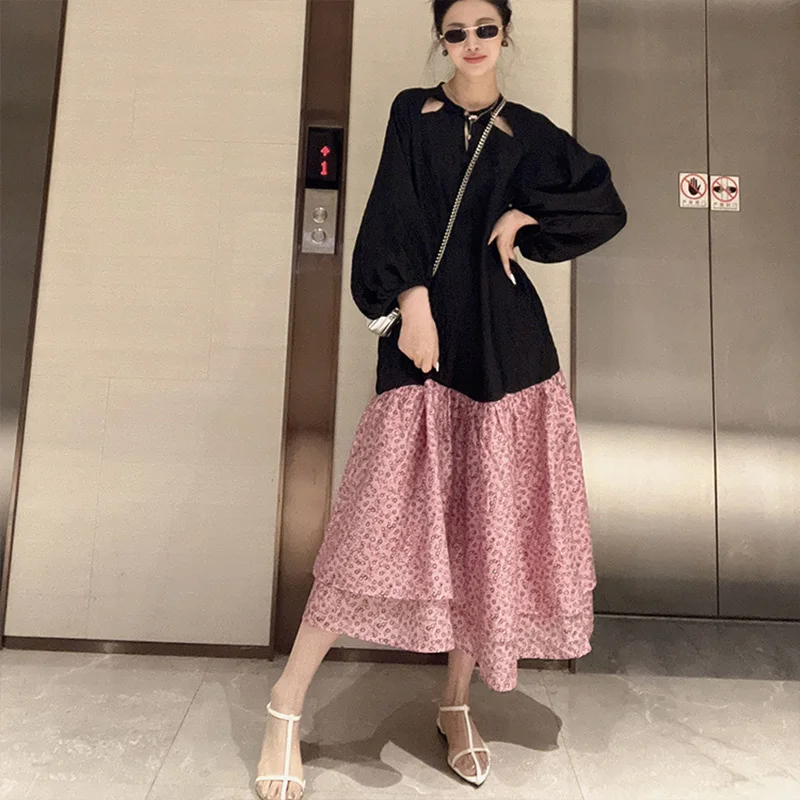2023 Summer Rebel Qianjinfeng High end Exquisite Temperament Women's Dress High end Fashion Black Pink Color Matching Dress